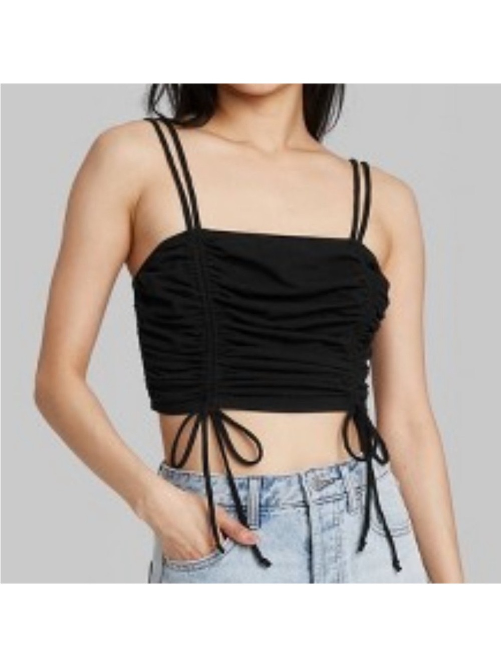 Forever 21: Black Solid Ruched Drawstring Spaghetti Strap Square Neck Cami, M